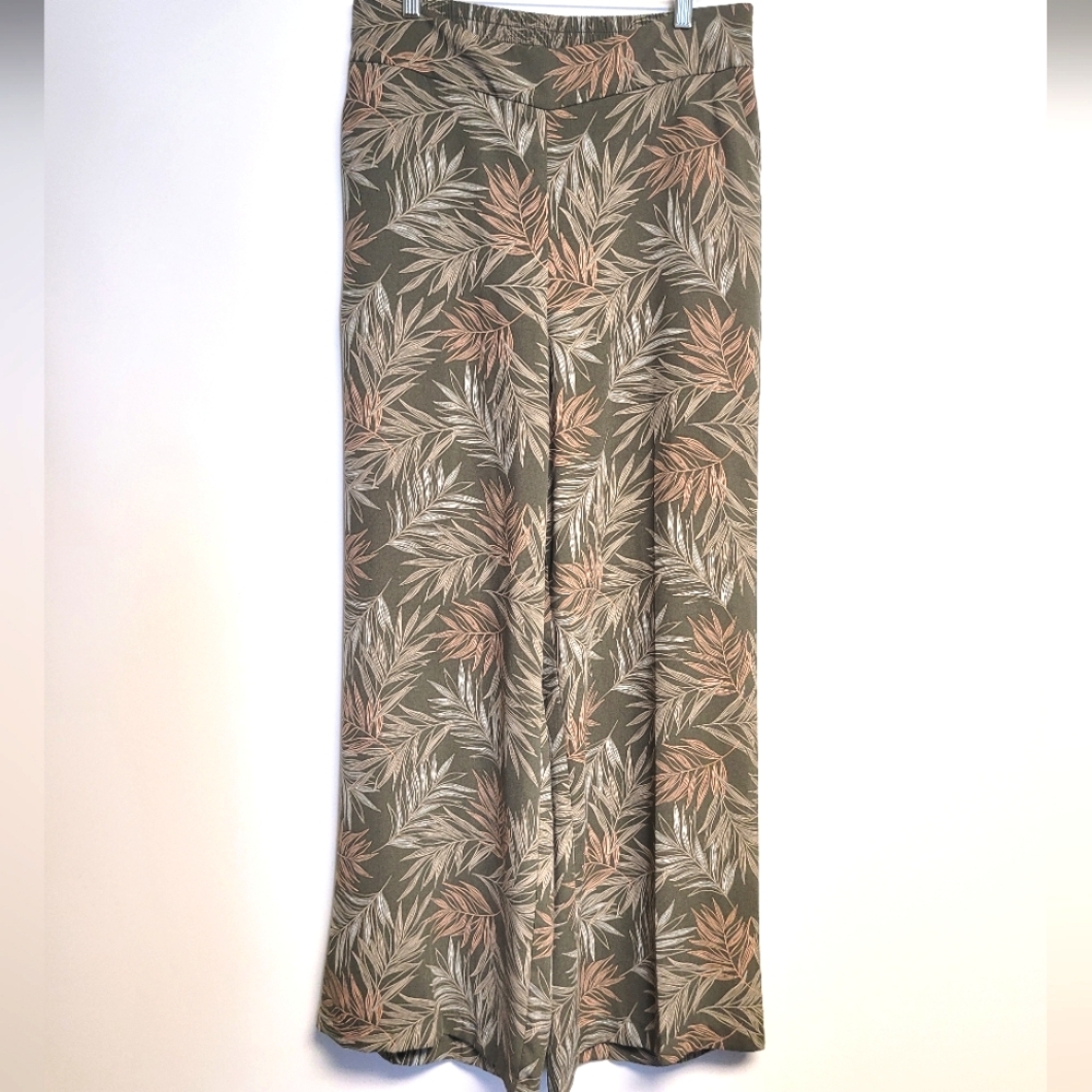 A New Day Green Tropical Leaf Print Wide-Leg Pants Large